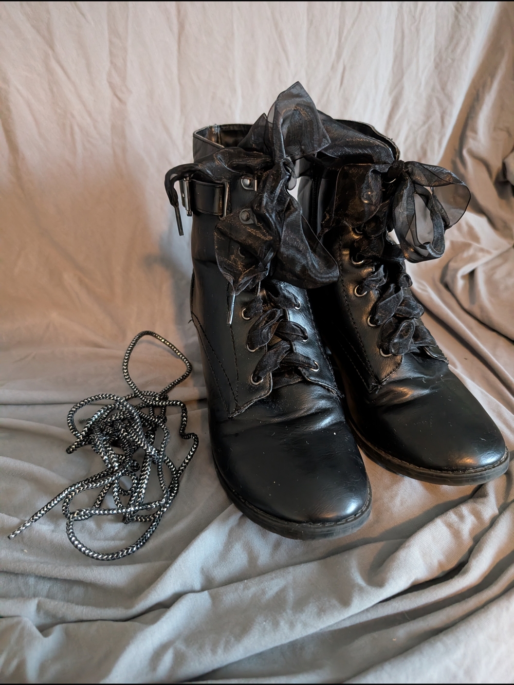 Charlotte Russe Black Lace-Up Combat Boots with Sheer Ribbon Laces
